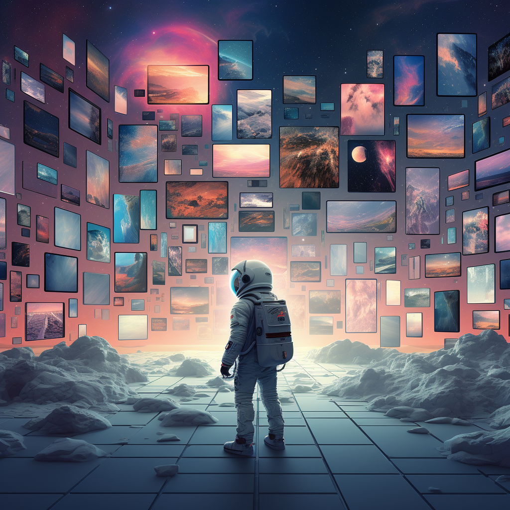 An astronaut views an array of floating computer screens