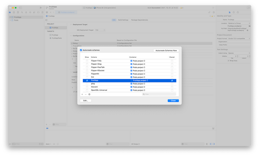 Xcode, manage schemes dialog