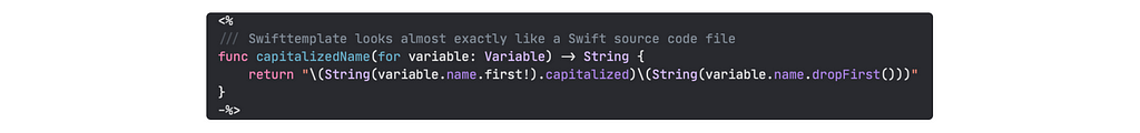 Sample code of swifttemplate file contents, depicting its similarity with swift source code files