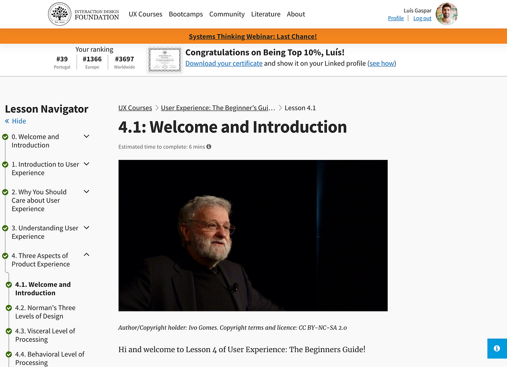 Screenshot of Interaction Design Foundation’s course, which shows a lesson. The lesson is titled Welcome and Introduction, followed by the picture of Don Norman.