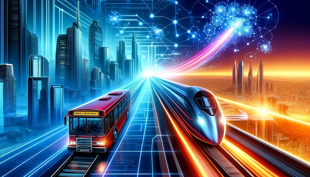 A dynamic and futuristic scene depicting the transformation from a traditional city bus system to a high-speed bullet train, symbolizing the shift from the traditional OSI model to CrowdPoint’s Vogon platform. The background features a cityscape with interconnected digital infrastructure, representing quantum cloud technology. The traditional bus represents slow, cumbersome data transfer, while the bullet train represents fast, efficient, and secure data handling.