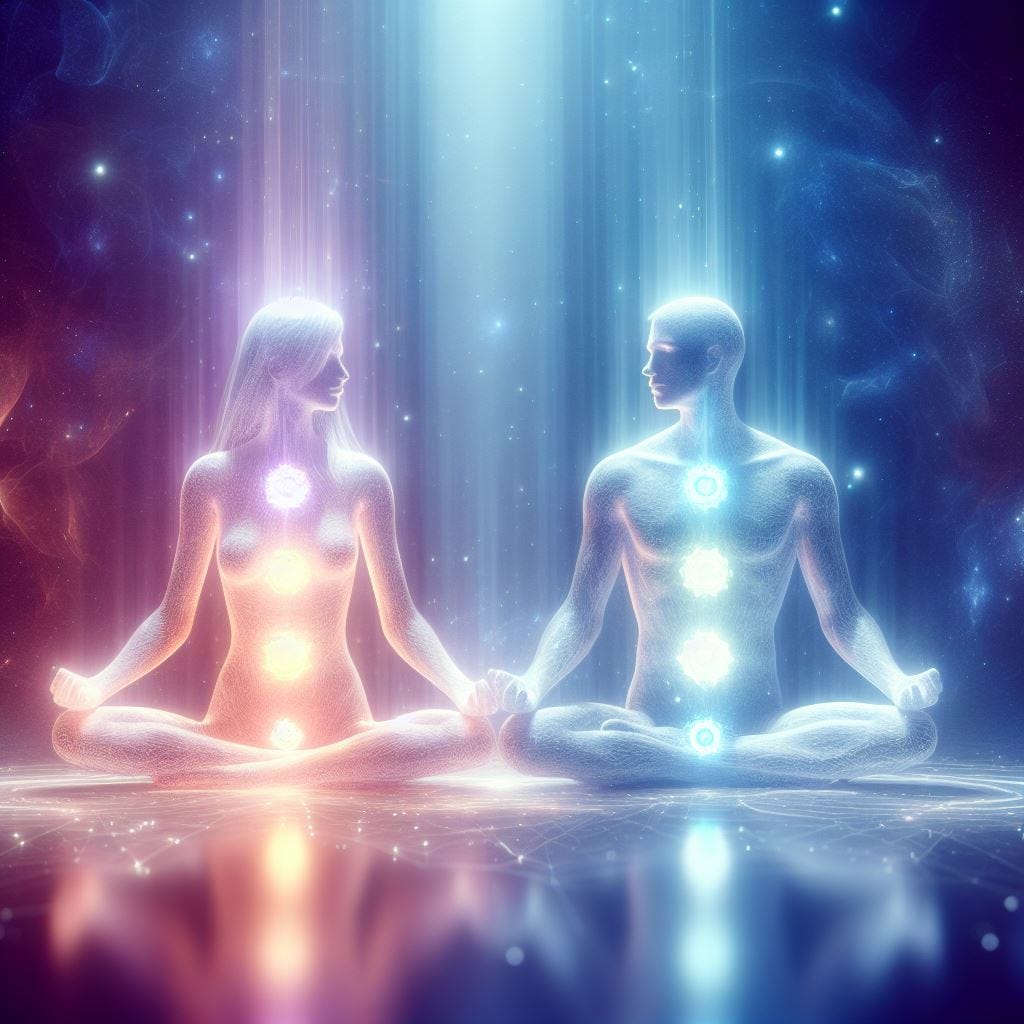An image of two figures engaged in a meditative state, surrounded by a cosmic backdrop that suggests a deep spiritual connection and enlightenment. The figures, illuminated and serene, have their hands gently touching. Above them, beams of light descend, enhancing the celestial atmosphere of the scene. This visual representation captures the essence of tranquility, inner peace, and the profound connection between individuals and the universe.