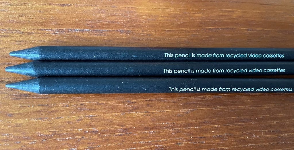 Branded pencils made from recycled cassette tapes, provided as a token of thanks for completing a questionnaire