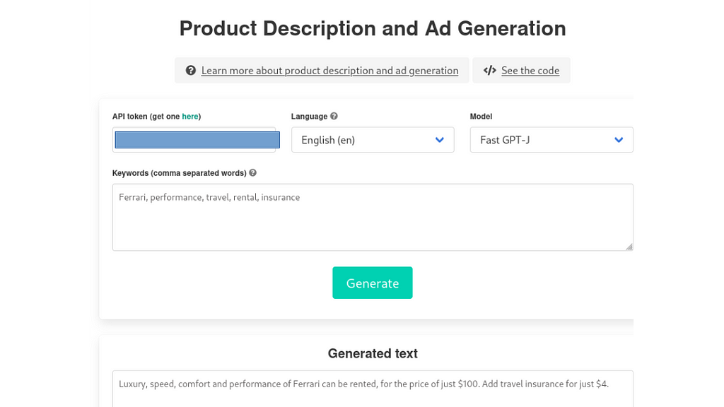 Example of using GPT-J for ad generation