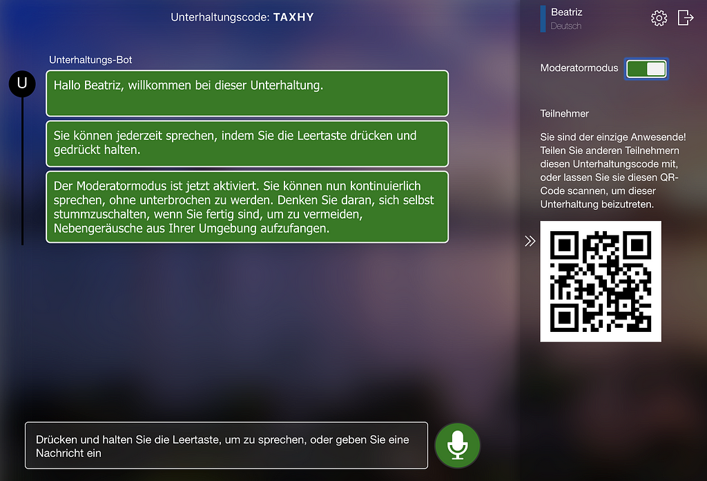 MsTranslator moderator mode.QR Code on the left, conversation with Bot on the right, field to enter text & record audio below
