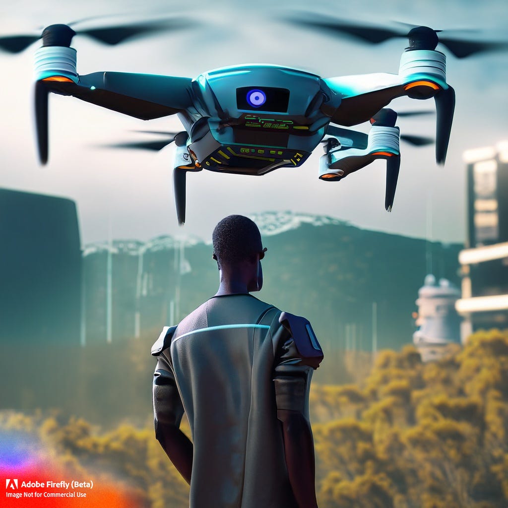 Futuristic drone scanning a person in a nature-tech digital city, image generated with AI