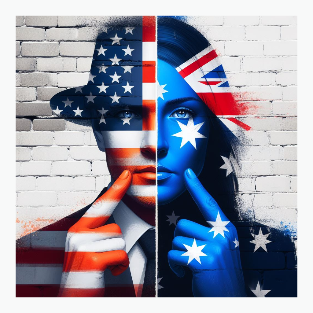 On the left a man in a hat is covered by a US flag, on the right a woman covered by an Australian flag