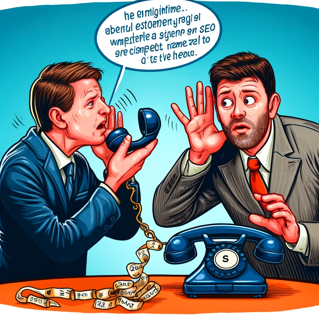 Jocul Telefonul Fără Fir: Antreprenorul și agentul SEO joacă un joc de telefon fără fir, în care mesajul original despre campania SEO se deformează complet până ajunge la antreprenor. Antreprenorul primește un mesaj complet diferit față de cel inițial.
