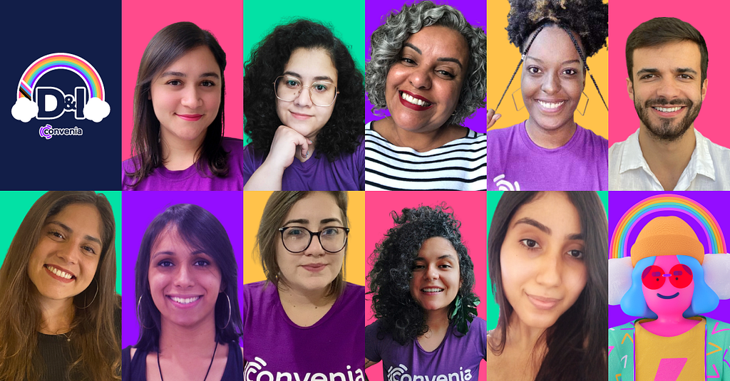 mosaico com as pessoas do comitê de diversidade e inclusão da Convenia. As fotos estão com fundos coloridos representando a identidade.