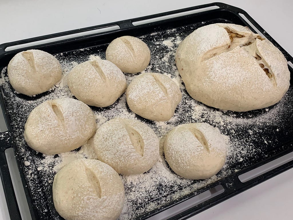 Unbaked bread dough arranged on a baking tray without an oven sheet, lightly dusted with flour. The dough is scored and ready to be baked.