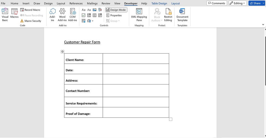 Create Forms in Word Using Developer Tab in design mode