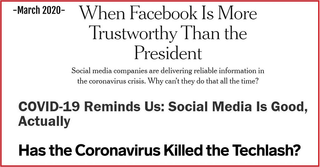 March 2020: When Facebook is more trustworthy than the president. Covid-19 reminds us Social media is good actually. Has the Coronavirus killed the Techlash. Created by Dr. Nirit Weiss-Blatt, PhD, July 2021.