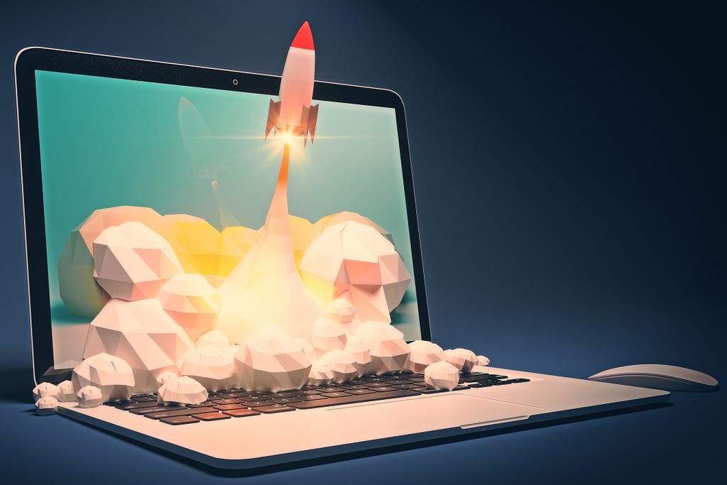 An illustration of a rocket flying out of laptop screen on a dark blue background.
