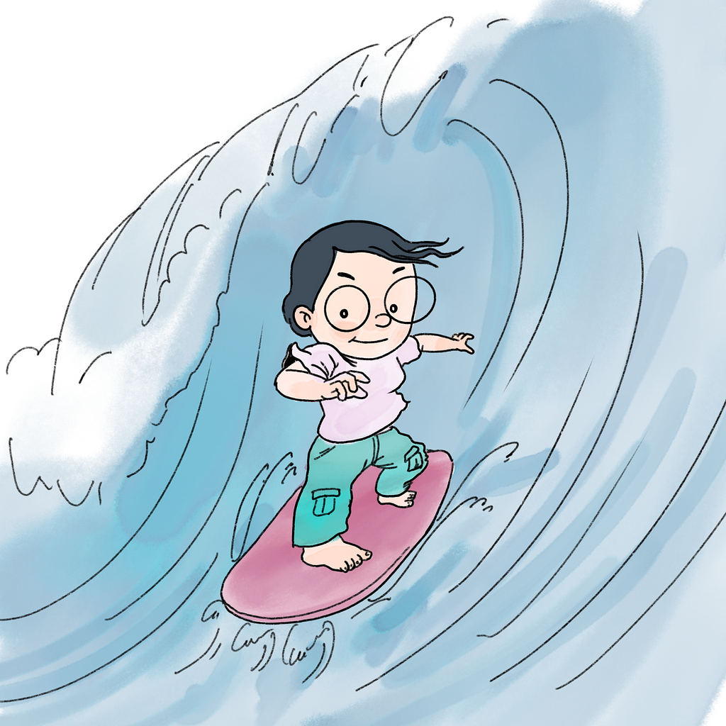 Metaphorical representation of an intern overcoming information overload surfing over it’s flood wave in the internship