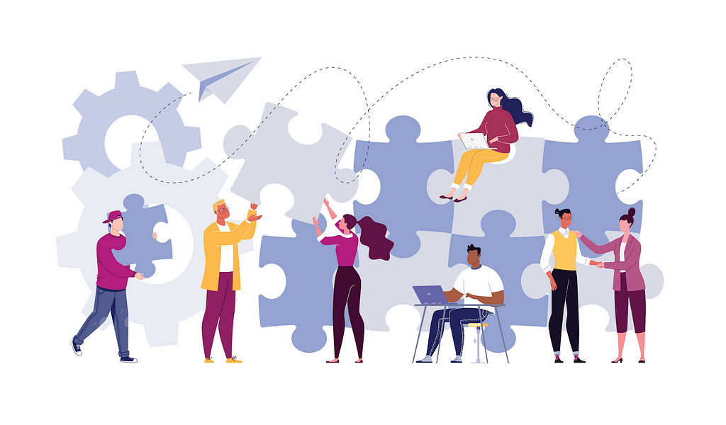 An illustration of team members working together, putting puzzle pieces together.