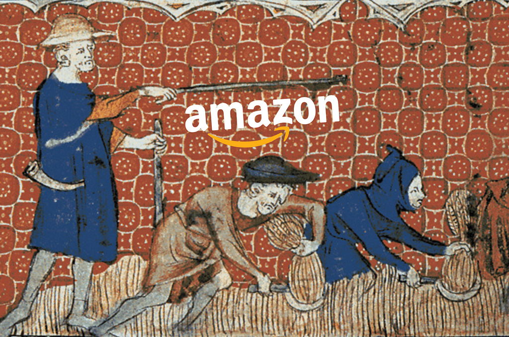 Enluminure du 15ᵉ siècle avec le logo Amazon. Représentation du technoféodalisme.