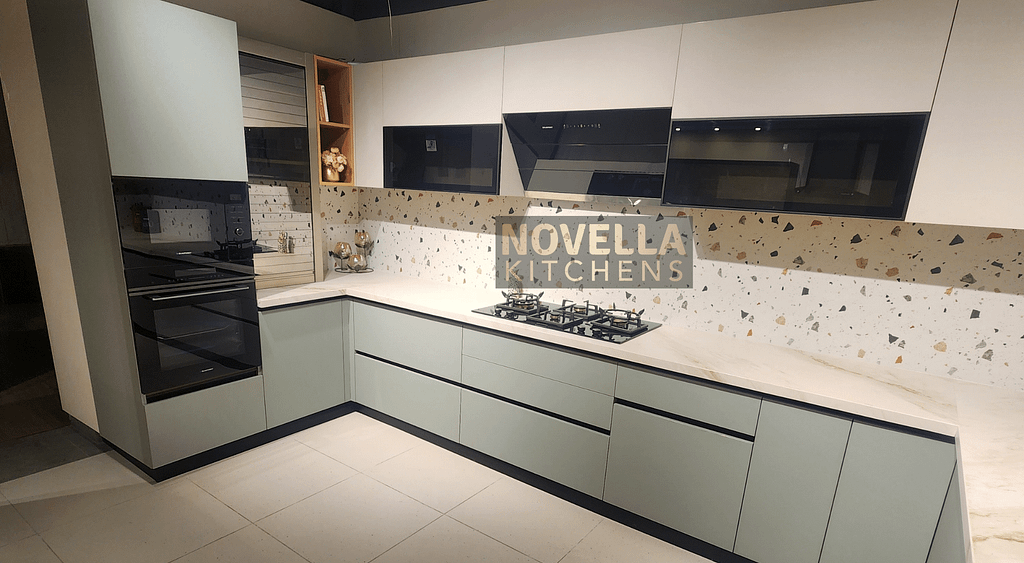 Best Modular Kitchen in Gurgaon in Acrylic Matt Finish With Hettich and Kessebohmer Fittings. Visit Novella Kitchens Gurgaon showroom to explore more Gurgaon’s best modular kitchen experience centre.