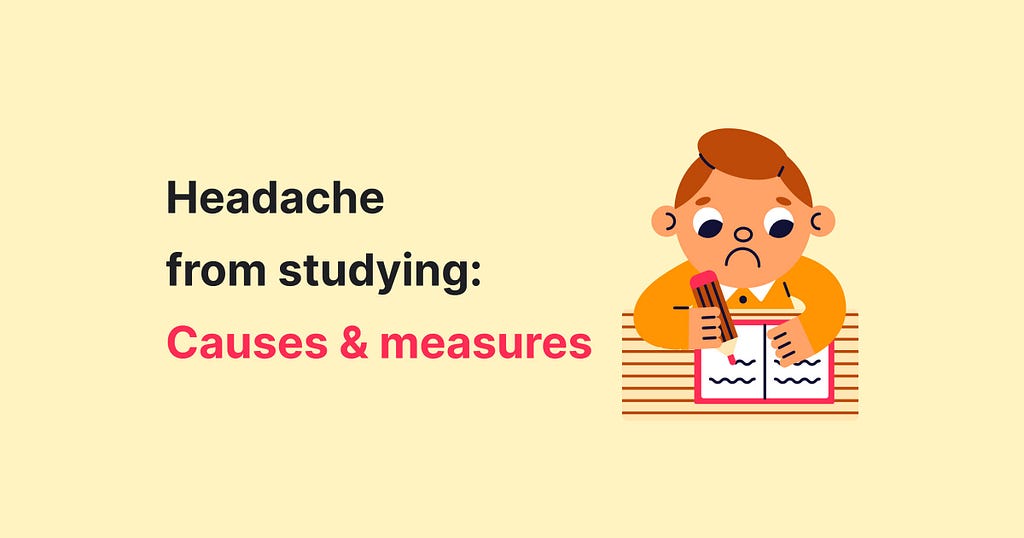 The picture illustrates a text about headache from studying.