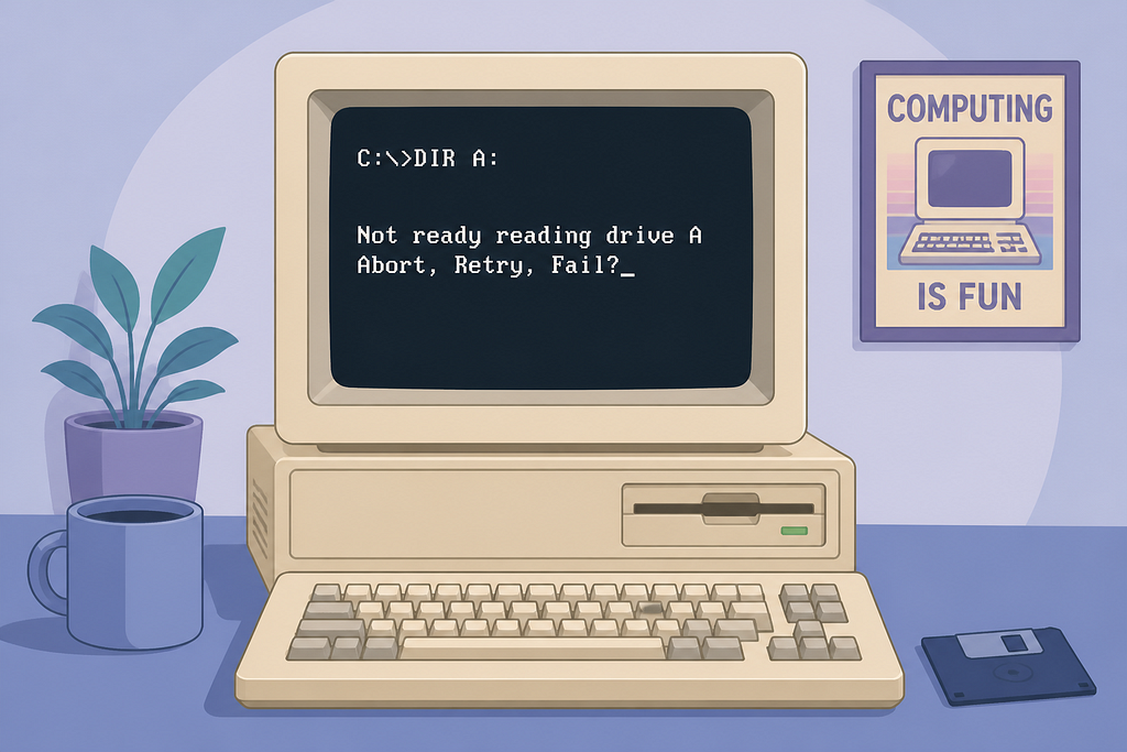 Illustration of a vintage beige desktop computer displaying a black DOS screen that reads “C:>DIR A:”, “Not ready reading drive A”, “Abort, Retry, Fail?”. The machine sits on a desk with a coffee mug, a potted plant, a floppy disk, and a poster on the wall reading “COMPUTING IS FUN.”