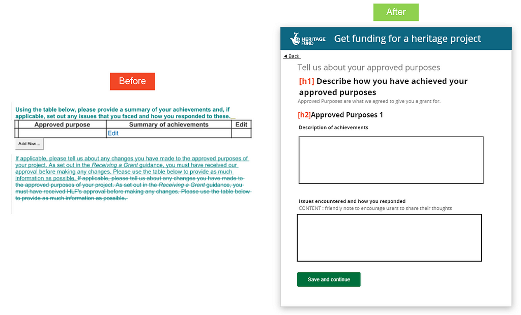 A before and after screenshot visualising the improvements the UCD have made to the Approved Purposes section in the completion report journey