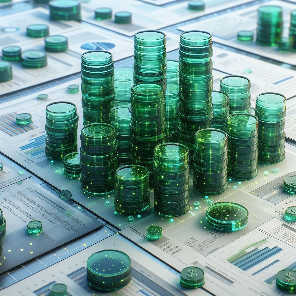 Stacks of green transparent tokens sit on top of different areas of research reports, spread out over a table-like surface. AI generated image.