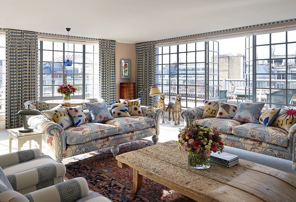 The sitting room of the Terrace Suite. Photo by Simon Brown Photography and courtesy of Firmdale Hotels. Story by Laura Metze.