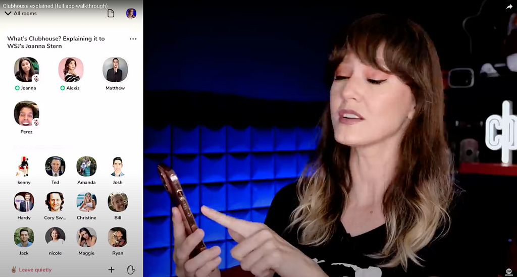 Ashely Equeda, a CNET journalist, demonstrates the Clubhouse app on YouTube. The window to the left shows a Clubhouse room.