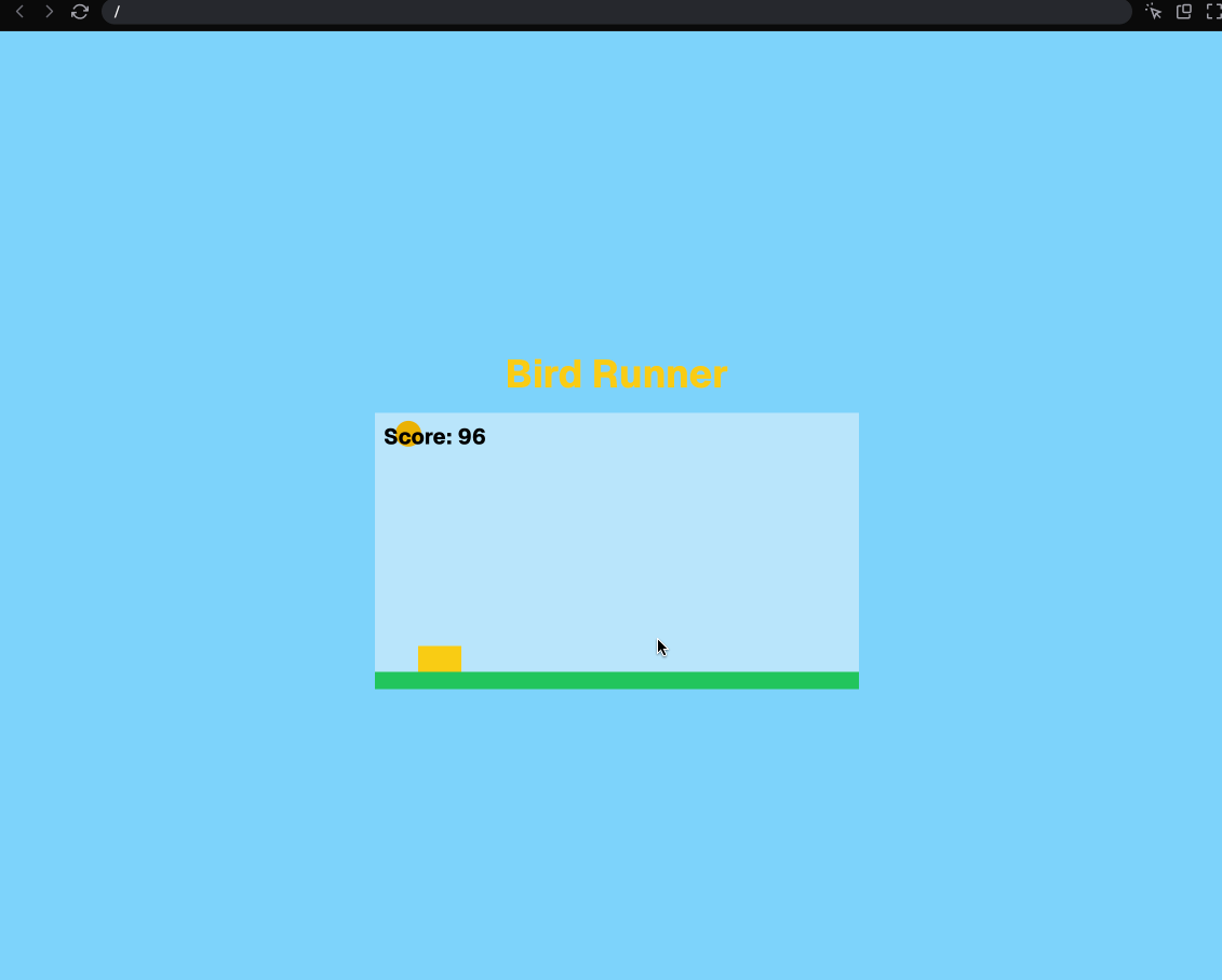 An animated gif of a broken Bird Dash game in Vercel