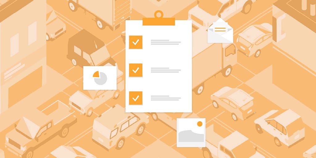 Orange colored illustration of traffic overlaid with survey-type clip art to illustrate a story about reader feedback