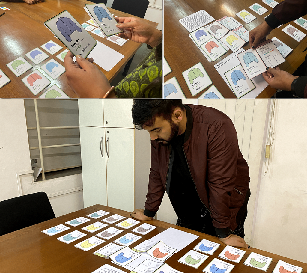 Participants compare cards placed on a table and select a jacket that most suits their liking based on the information provided on the cards.