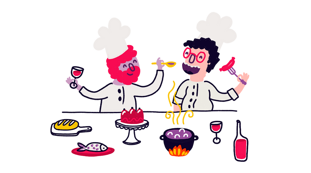 Header image. Illustration of two cooks cooking together.