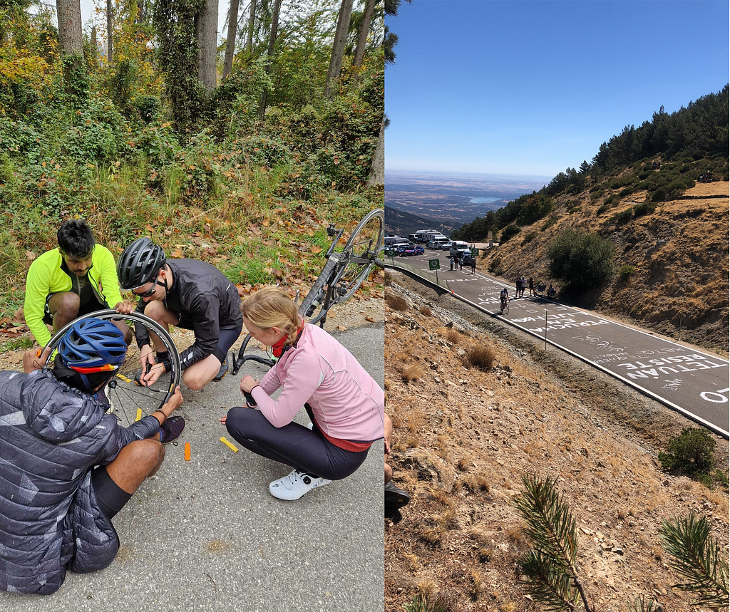 Two portrait images: a group of cyclist work together to repair a wheel and a view of cyclists riding along a mountain road in Spain.