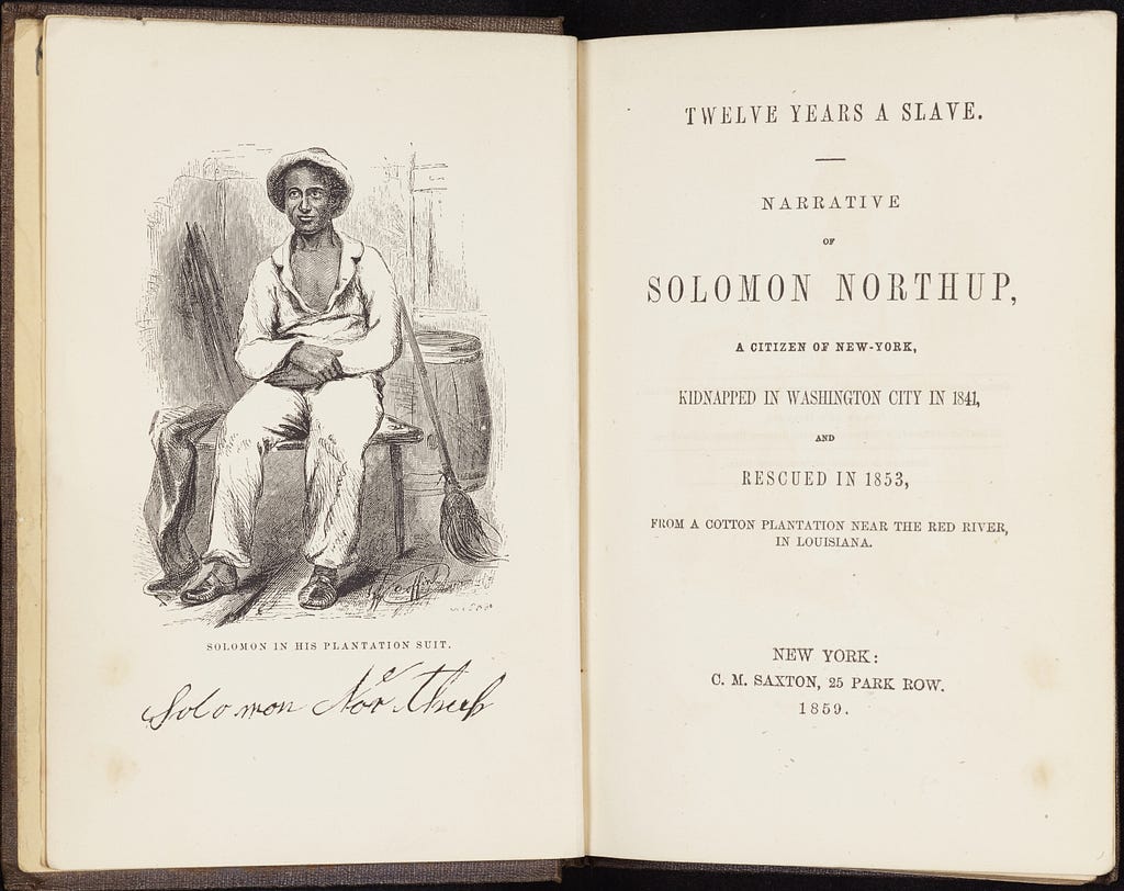 Frontispiece from ‘Twelve Years a Slave’, featuring an engraving of Solomon Northup seated on a table, with his signature below.