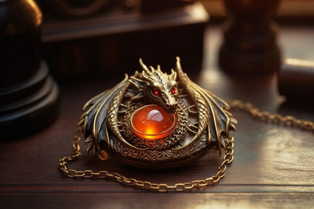 A golden amulet with a large gem in the center, A golden dragon with ruby eyes has its wings curled around the top of the amulet.