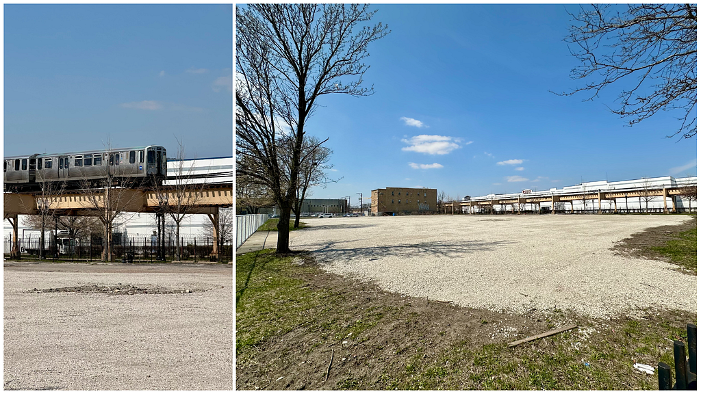 two photos, side by side, showing various aspects of a vacant lot where a former Chicago Public School once stood.