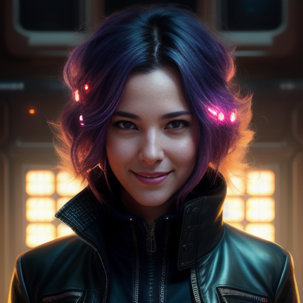 Close-up portrait of a young woman with purple hair and a leather jacket.