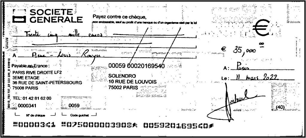 Chèque de 35 000 euros signé par Jean-Pierre Lestavel au nom de Pierre-Louis Rouyer, encaissé le 5 avril 2022