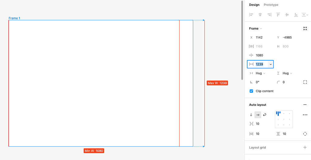 Image of a white, blank frame in Figma showing that minimum and maximum width constraints have been added to the frame.