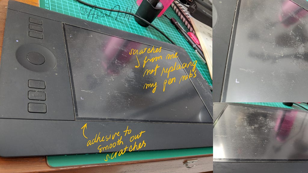 a collage of a 2014 Wacom Intuos Pro S with scratches and adhesive film