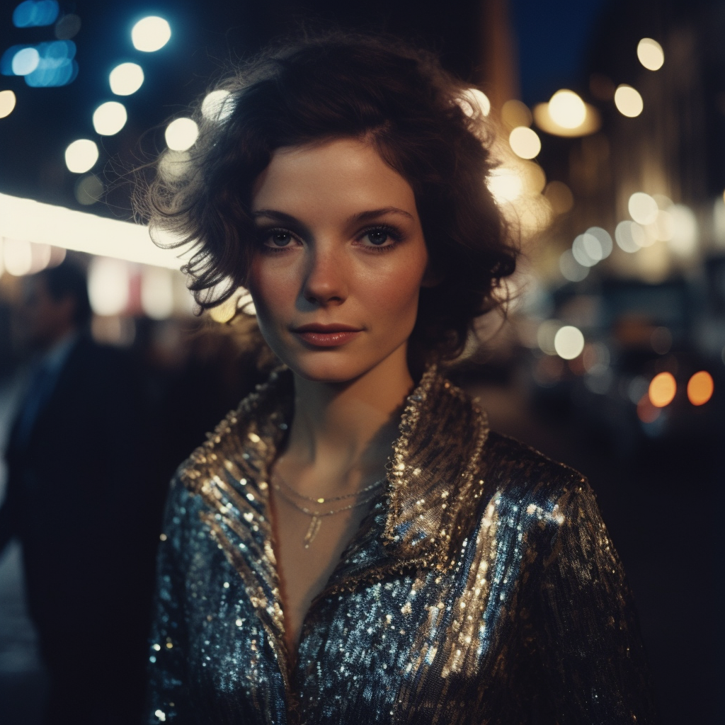Woman in a metallic outfit on a New York City street at night, a detailed AI-generated image created with Midjourney