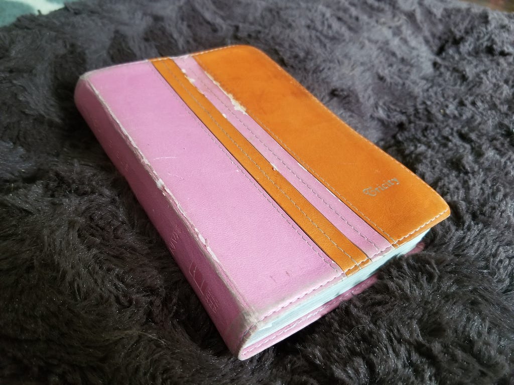 Orange and pink, well-worn Bible rests on a fuzzy background