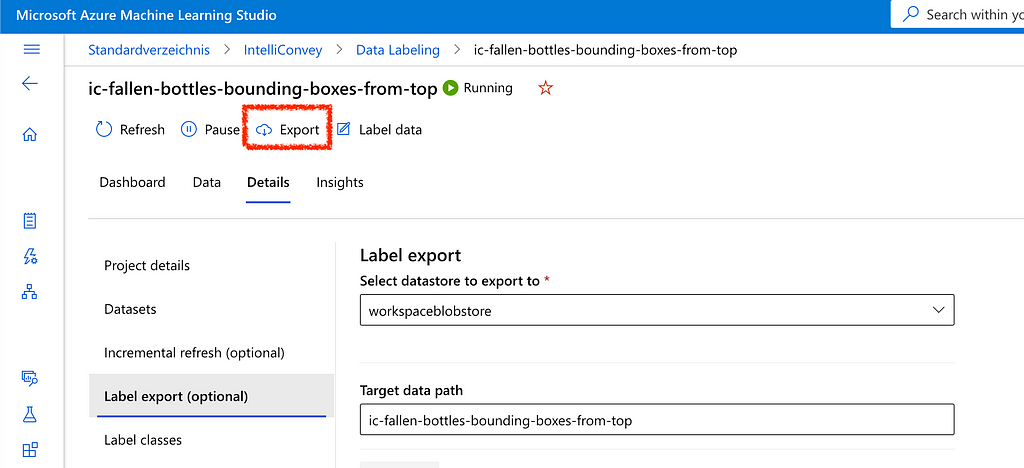 Screenshot showing Azure ML Studio Data Labeling project’s settings. You have to click on the “Export” button.