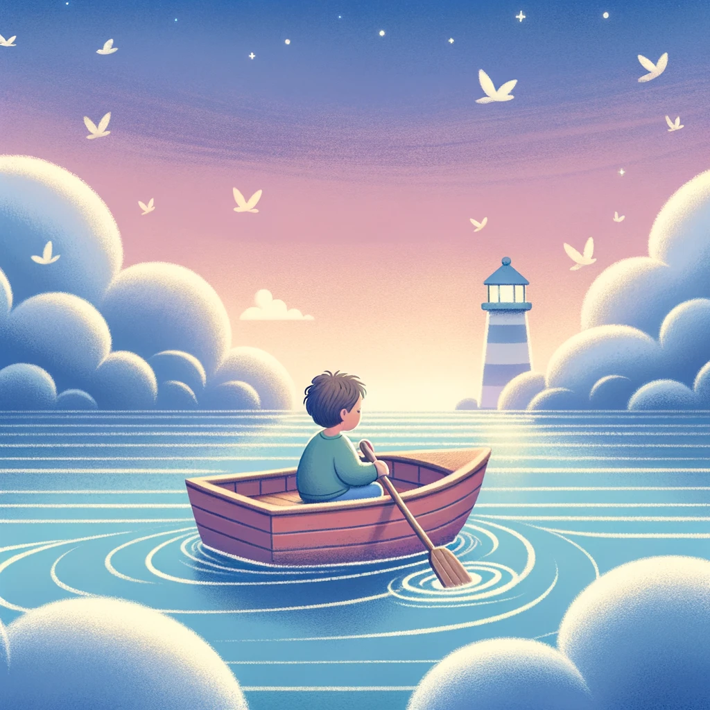 Child in a boat practicing self-soothing techniques on calm waters with a guiding lighthouse in the distance, symbolizing parental support