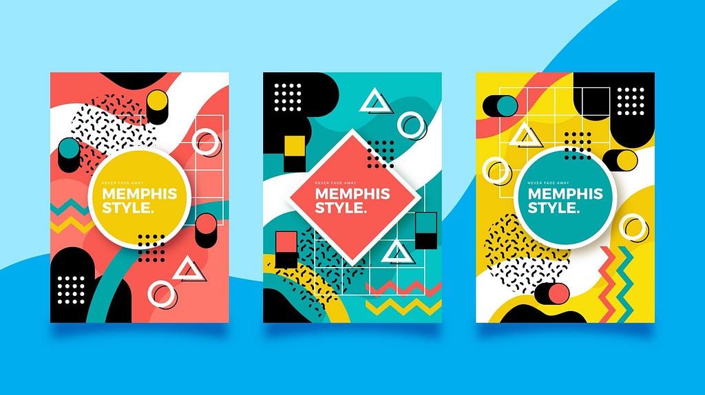 A collection of memphis style design in green, yellow and salmon shades on blue background.