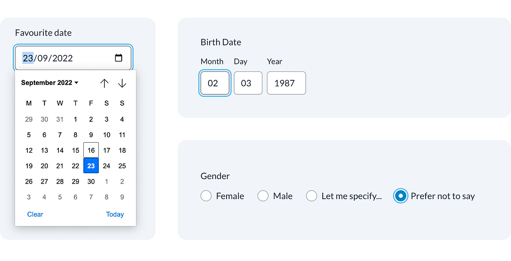Screenshot of form fields. A date field with a picker open, a Birth Date section with fields for Month/Day/Year, and a gender picker for Female, Male, Let me specify, or prefer not to say.