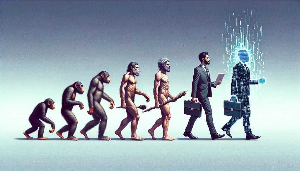 Evolution of man, from monkey to caveman to modern man, to digital man.