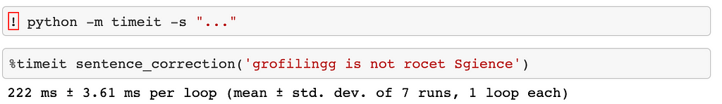 Norvig’s spelling corrector showing the performance times for a spelling correction