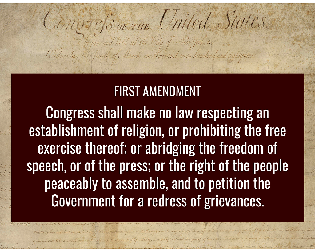 Illustration showing test of the US Constitution’s First Amendment.