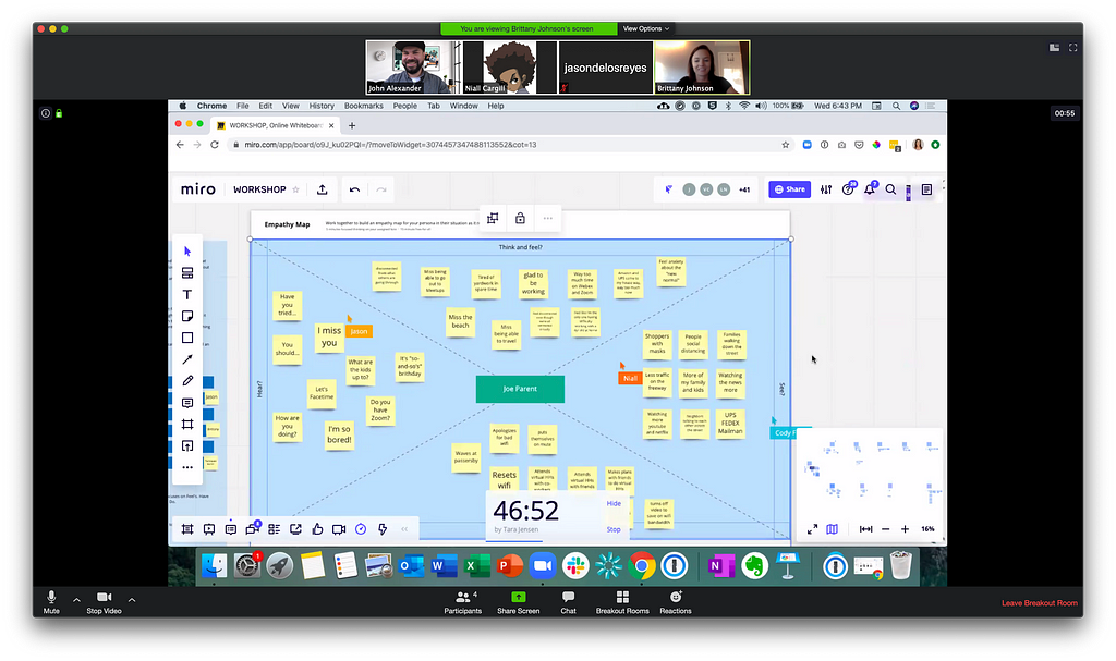 View of sticky notes on empathy map via Miro with Zoom attendees at the top