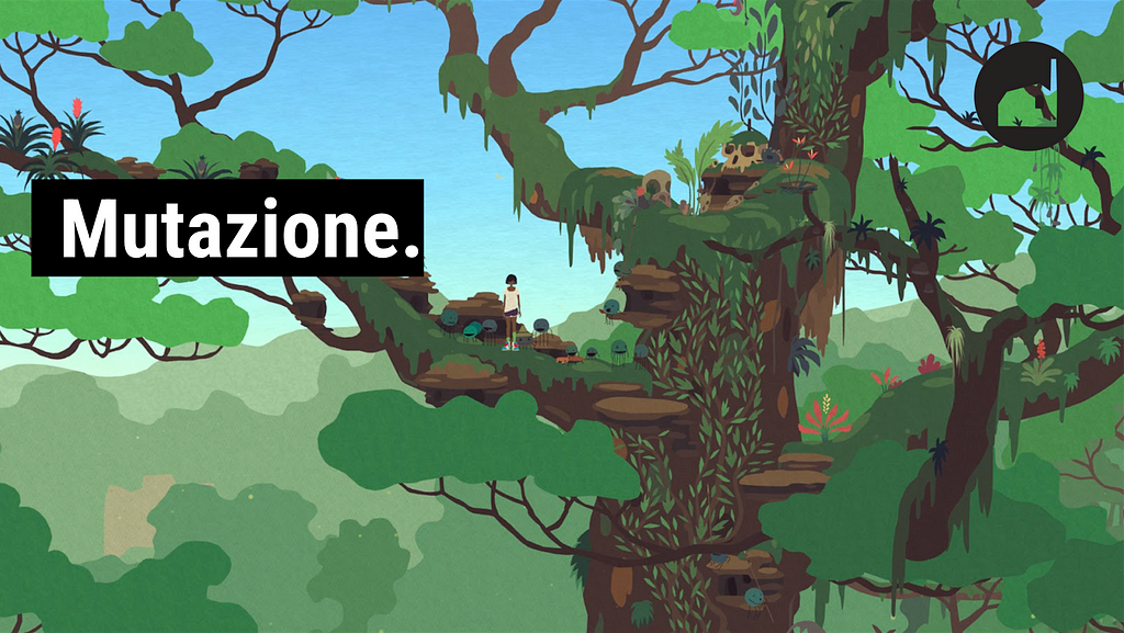 A piece of key art from the game with overlaid die gute fabrik logo and simple types text in bold font reading: Mutazione